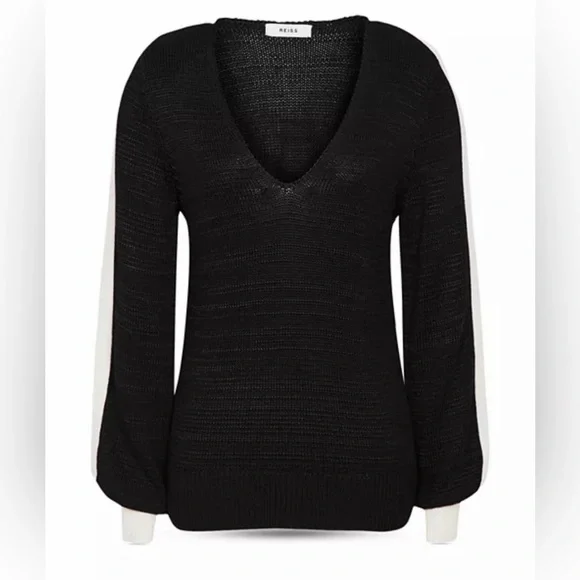 REISS Black V-Neck Knit Sweater w/ Contrast Stripe Sleeves | Size L | - Picture 5 of 8